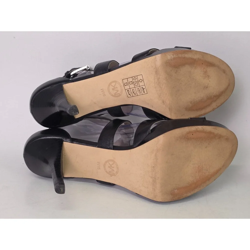 Michael Kors Evie Women's Heels Size 9.5 M Black‎ Leather Platform Sandals Shoes